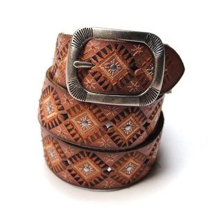 Lucky Brand Leather Belt Brown Gray Embroidery Silver Studs and Buckle